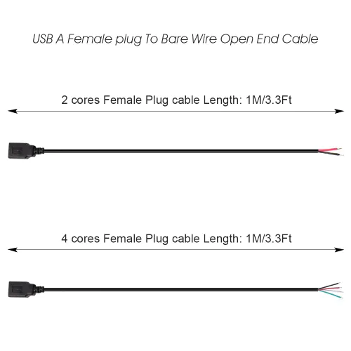 Vista 4 de Cable de extremo abierto USB A hembra a cable desnudo de 3.3 pies (39.4 in) 5V 2.1A 2 y 4 núcleos de transmisión de alimentación y transmisión