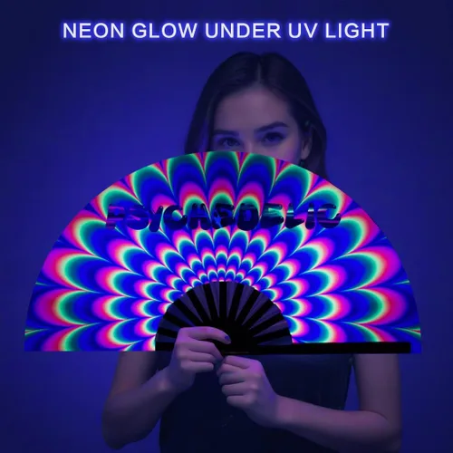 Vista 6 de Ravevibes Ventilador de mano plegable grande de 13 pulgadas, ventilador de bambú para festivales de bambú, ventiladores de Edm con brillo UV