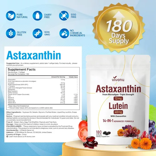 Vista 8 de VivoNu Suplemento de astaxantina + luteína – 12 mg de astaxantina de microalgas y 40 mg de luteína con zeaxantina – Fórmula antioxidante celular