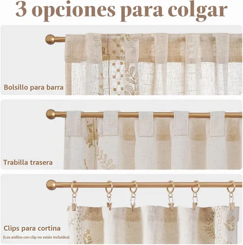 Vista 8 de jinchan Cortinas de lino floral beige para cocina, 24 pulgadas, 2 paneles A Beige