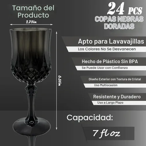 Vista 2 de 24 piezas de copas de vino de plástico negro, copas de vino de plástico reutilizables, copa negra tipo cáliz, vasos duraderos y resistentes que se