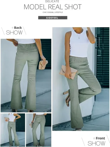 Vista 4 de Sidefeel Pantalones vaqueros destruidos para mujer, cintura elástica, parte inferior acampanada, dobladillo sin procesar, pantalones de mezclilla