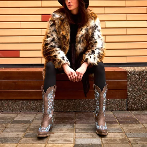 Vista 4 de HISEA Rollda - Botas vaqueras occidentales para mujer, botas vaqueras con tacón grueso, botas de media pantorrilla para mujer