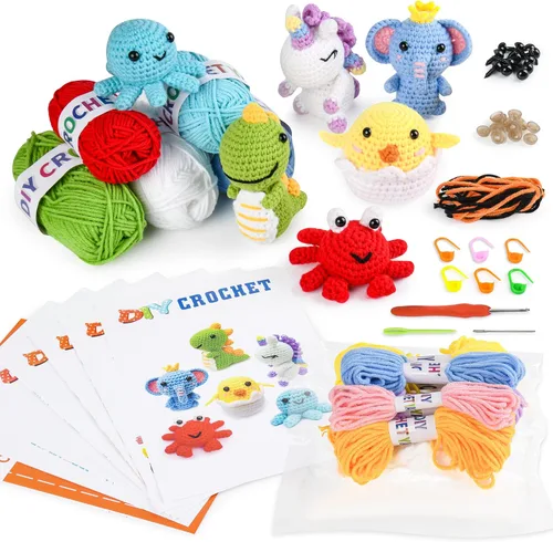 Vista 9 de MINGOMINGO Kit de ganchillo para principiantes y niños, 6 animales amigurumi, juego de regalo de manualidades para el día de la madre, tutoriales