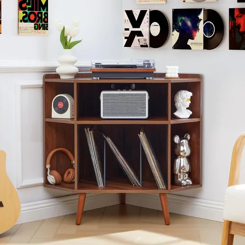 Vista 9 de Soporte para tocadiscos de 45.3 pulgadas con almacenamiento de vinilo, mesa giratoria de madera con capacidad para hasta 350 álbumes, moderno