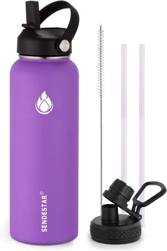 Vista 46 de SENDESTAR Botella de agua aislada de 24 onzas, boca ancha, botella de agua de 24 onzas con tapa con popote, tapa de boquilla, acero inoxidable