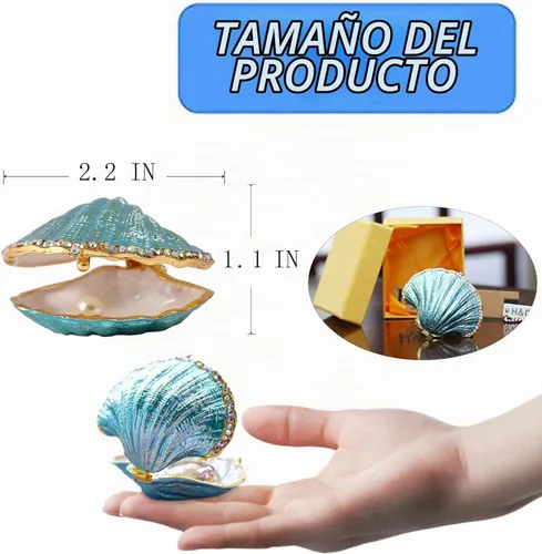 Vista 2 de H&D HYALINE & DORA Caja de metal y cristal para anillos, figura pequeña de concha de mar, centro de mesa coleccionable (mejillón perlado)