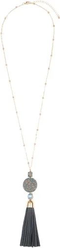 Vista 2 de RIAH FASHION Collar largo con colgante de borla bohemia, flecos de cuero de gamuza sintética, dije de encaje, piedra natural de cristal brillante
