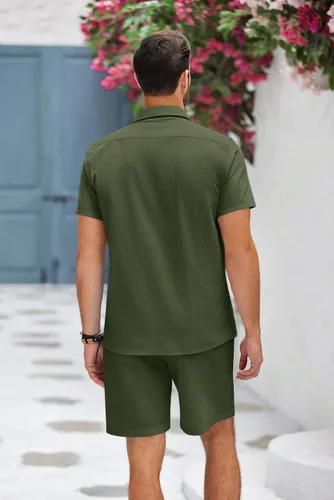 Vista 5 de COOFANDY Conjunto de ropa de playa de algodón Guayabera para hombre, conjunto corto de lino de 2 piezas