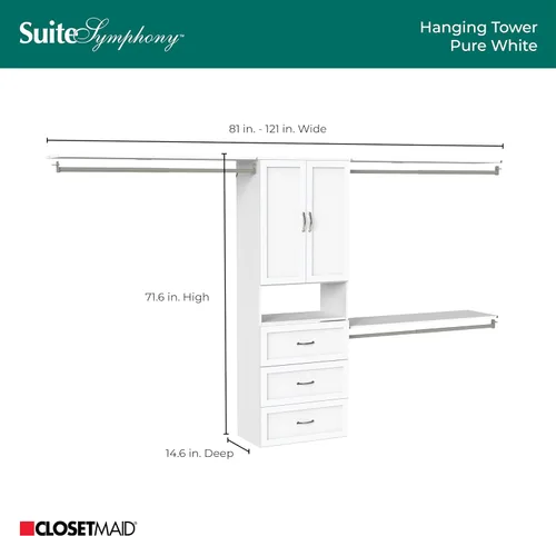 Vista 5 de ClosetMaid El kit de armario colgante SuiteSymphony incluye (1) torre, (3) barras de armario, (4) estantes, (3) estantes superiores con soportes