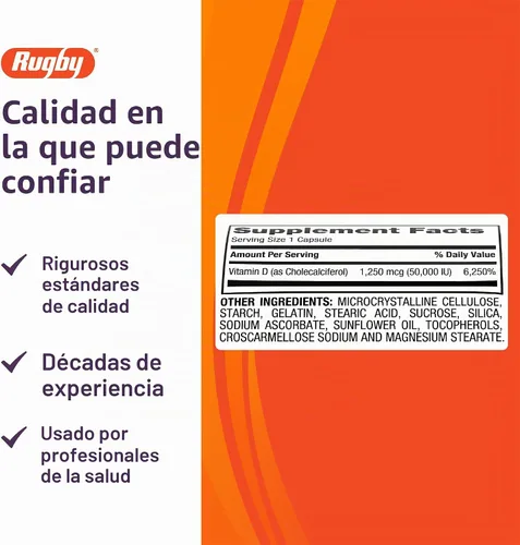Vista 5 de Rugby Suplemento de vitamina D3 de alta potencia 50,000 UI (1250 mcg), 100