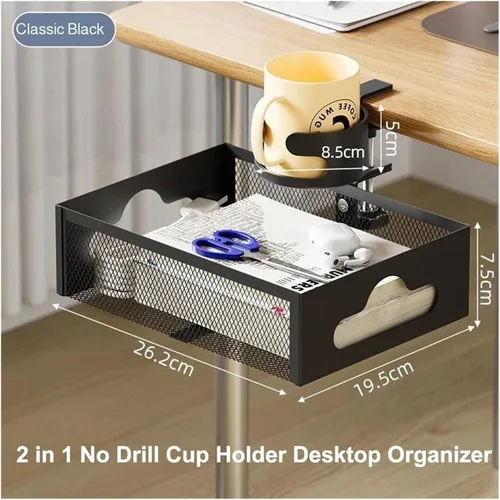 Vista 2 de No Drilling Under Desk Wire Management Tray Retractable Cable Organizers In Home Office PC Router Data Wire Metal Storage Rack(Black 2 in 1)