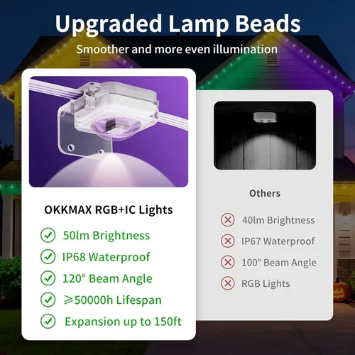 Vista 5 de Luces permanentes para exteriores de 50 pies con 30 LED, IP68 impermeable inteligente RGB+IC LED de Navidad con 75 modos de escena, luces navideñas