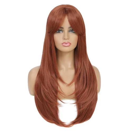 Vista 12 de SWACC Peluca de pelo sintético con flequillo largo en capas para mujeres con gorra de peluca (negro)