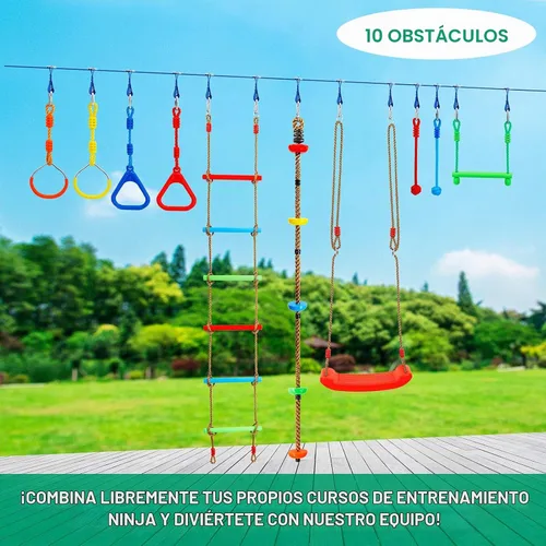 Vista 3 de Ninja Warrior Kit de carrera de obstáculos para niños Ninja Slackline con 10 accesorios, barras de mono, escalera, cuerda de escalada, anillos