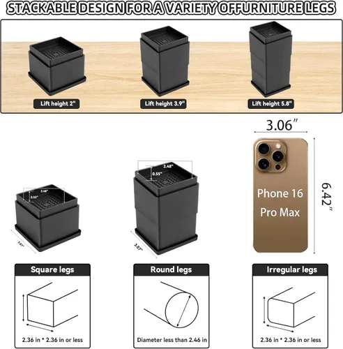 Vista 2 de elevadores de cama ajustables para muebles - elevadores resistentes de 4 o 8 o 12 pulgadas sin deslizamiento para camas/sofás/sillones, diseño