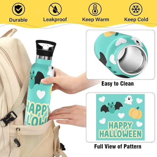 Vista 4 de Happy Halloween Bat Turquoise - Botella de agua ligera reutilizable aislada con asa aislada al vacío para viajes, camping, deportes garrafa termica