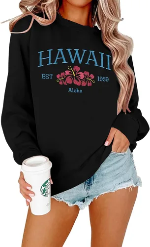 Vista 5 de MOUSYA Hawaii Sudadera Bordada Hawaii Aloha State Camisa Vintage 1959 Bordada de Manga Larga Pullover Top Albaricoque