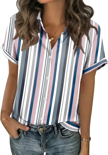 Vista 12 de Zeagoo Blusas de verano de manga corta para mujer, camisas casuales con botones, blusas de trabajo de negocios sólidas/a rayas