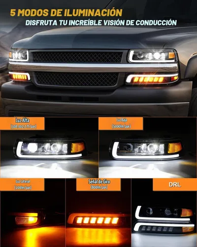 Vista 4 de Faros delanteros LED para Chevy Silverado 2000-2006 Suburban Tahoe 1999 Naranja
