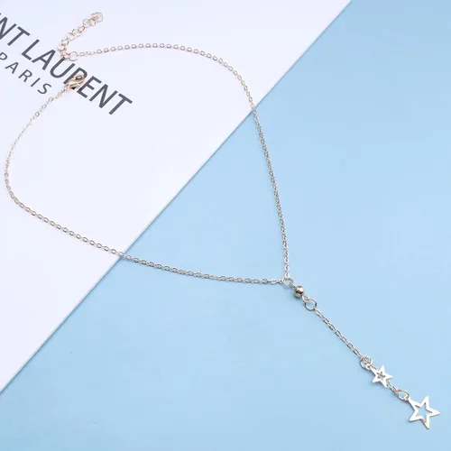 Vista 2 de Allereyae Collar bohemio de estrella en Y Lariat, collar de gargantilla de estrella hueca de oro, collar de cadena larga de Lariat, collar