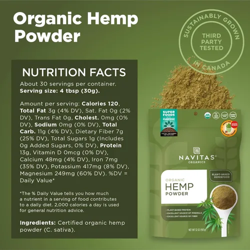 Vista 3 de Navitas Organics Polvo de cáñamo – Proteína vegana, fibra y minerales – para batidos, avena, hornear, barras y más – prensado en frío – USDA