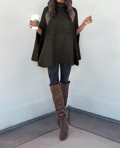 Vista 5 de KIRUNDO 2023 - Suéter tipo poncho de cuello alto para mujer, suéter de punto grueso a la moda, suéter de punto envolvente, suéter sin botones