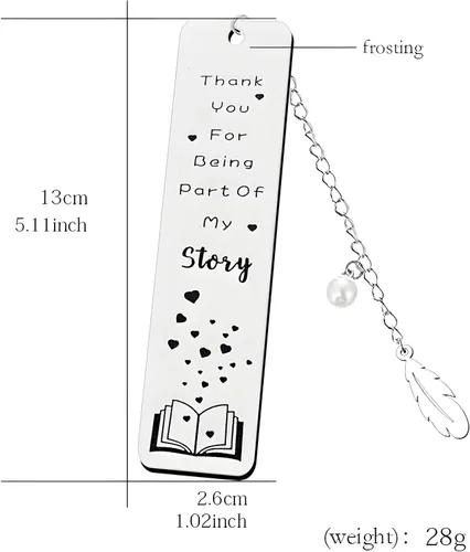 Vista 6 de Teniinet Marcapáginas de metal, grabado con texto en inglés "Thank You For Being Part Of My Story", acero inoxidable, plateado, 5.11 x 1.02