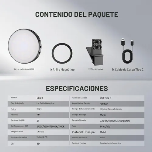 Vista 8 de NEEWER Luz magnética para selfie de nivel de entrada compatible con MagSafe iPhone, 1 W, clip de metal LED, anillo de iluminación de relleno