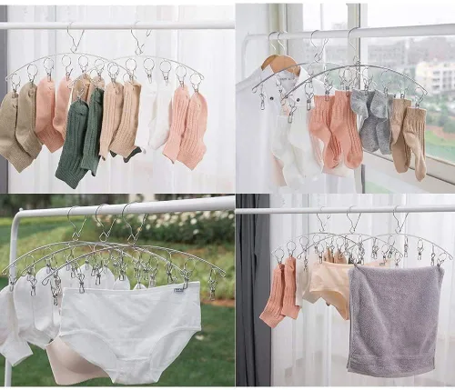 Vista 4 de Percha de ropa con 10 clips, acero inoxidable, resistente al viento, para secar calcetines, brasieres, ropa interior, ropa de bebé, sombreros