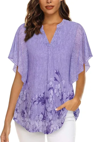 Vista 2 de Timeson Blusas de manga corta con cuello en V para mujer, camisas florales de doble capa de malla