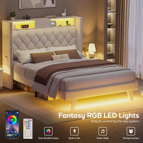 Vista 6 de Base de cama LED tamaño matrimonial con estación de carga USB, base de cama tapizada de terciopelo con cabecera de almacenamiento con botón