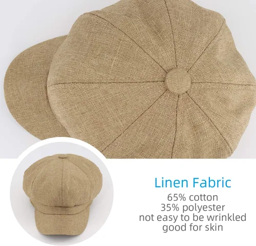 Vista 2 de Gisdanchz Gorra Cabbie de lino para mujer, 8 paneles, 6 78, Caqui