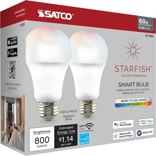Vista 8 de Satco Starfish - Lámpara de repuesto LED A19 de 4.57 pulgadas, 9.5 W, ajustable, base media, paquete de 2