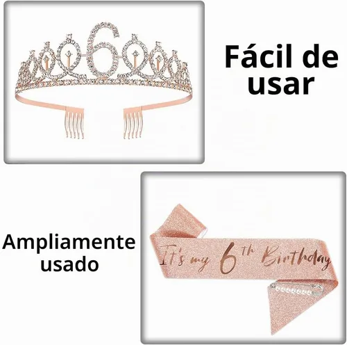 Vista 5 de Juego de banda y tiara de 6º cumpleaños, corona de banda de cumpleaños de oro rosa, suministros para fiesta de cumpleaños