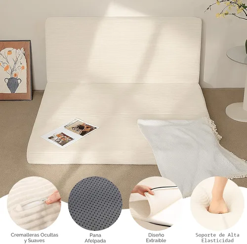 Vista 5 de Colchón de tres pliegues de 6 pulgadas, tamaño individual, sofá cama plegable con funda extraíble lavable, colchón plegable de espuma de alta Beige