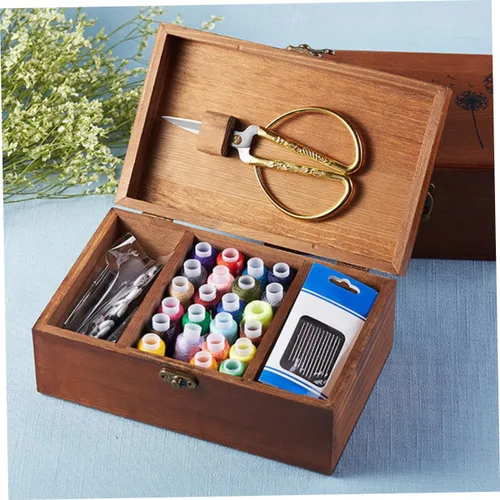 Vista 5 de VOSAREA Caja de costura de madera de arte retro caja de costura extra grande Scissor Thread Storage