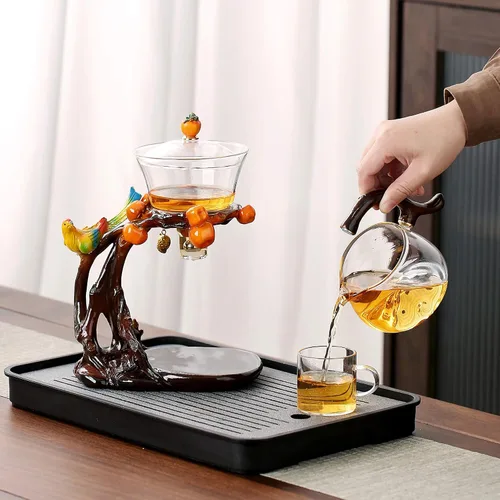 Vista 5 de Zurucily Juego de tetera de cristal Kungfu con infusor Juego de té semiautomático (naranja pájaro)