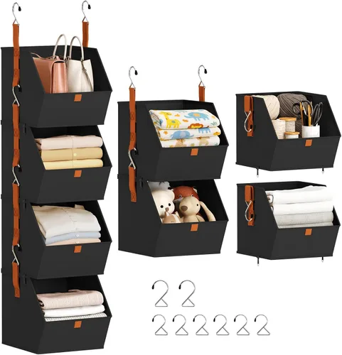 Vista 22 de Homsorout Organizador plegable para armario, sistema de almacenamiento de 3 niveles con ganchos, contenedores de almacenamiento colgantes de tela