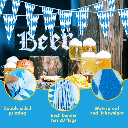 Vista 4 de Banderas de Oktoberfest de 197 pies, paquete de 6 banderines azules y blancos para decoraciones de fiestas temáticas alemanas, decoración