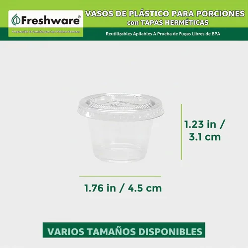 Vista 3 de Freshware Vasos de Plástico para Porciones con Tapas [1 Onza, 100 Juegos] Vasos de Plástico Desechables para Preparación de Comidas, Aderezo