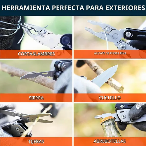 Vista 6 de Alicates multifunción 12 en 1 con cierre de seguridad, encendedor y silbato, cuchillo de bolsillo de acero inoxidable, multiherramienta de camping
