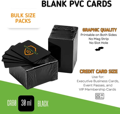 Vista 2 de Specialist ID - Paquete de 100 tarjetas de PVC en blanco para impresoras de tarjetas de identificación, calidad gráfica, plástico negro CR80 de 30