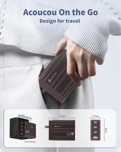 Vista 6 de ACOUCOU Cargador USB C de 100 W, 4 puertos GaN de carga rápida plegable compacto cargador de corriente para MacBook, iPad, iPhone, Galaxy S24 Ultra
