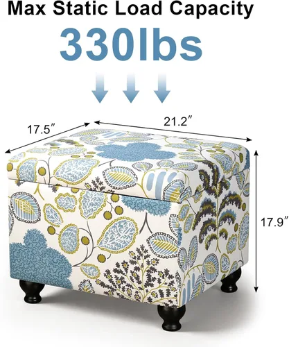 Vista 2 de Adeco Otomana Almacenadora Colorida con Almacenamiento, Otomana de 53 cm de Lino con Reposapiés y Tapa con Bisagra con Patrón de Hojas Azules