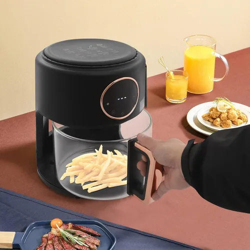 Vista 7 de Freidora aireada de 4.2L, vidrio LCD negro 360° Visual Airy Freidora con pantalla digital, freidora de aire de vidrio de 1200 W, temperatura