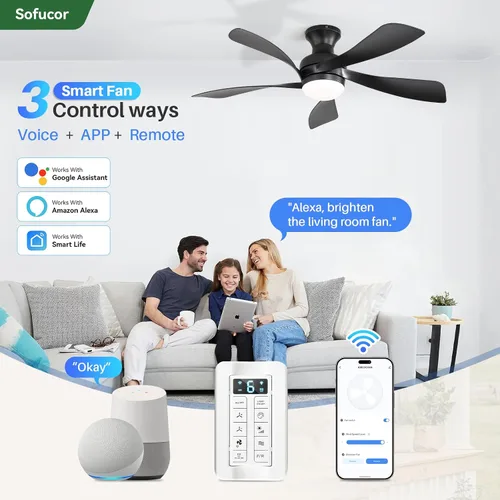 Vista 2 de Sofucor Ventilador de techo inteligente de perfil bajo de 42 pulgadas con luces y control remoto, ventilador de techo empotrado funciona con 2-Negro