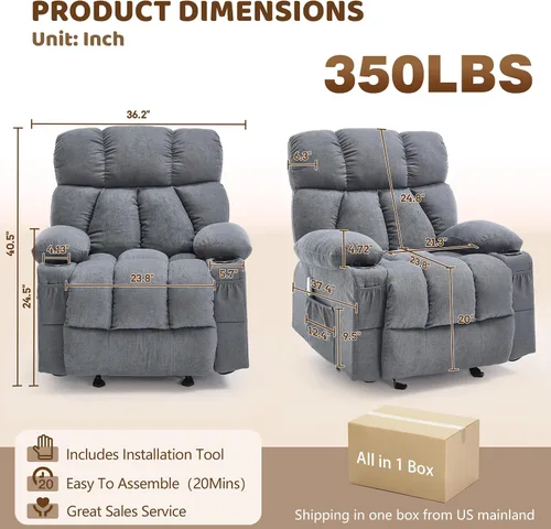 Vista 2 de Rocker - Silla reclinable para sala de estar con masaje por vibración y Gris