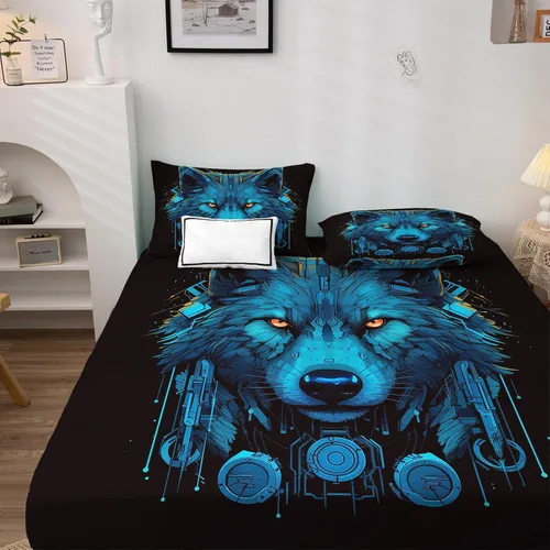 Vista 2 de Sábanas de lobo tamaño individual, sábanas de animales de lobo, sábanas y fundas de almohada estampadas de 3 piezas, sábana bajera ajustable