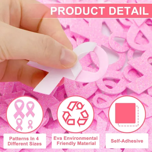 Vista 3 de JULBEAR Adhesivo de espuma para concientización sobre el cáncer de mama, 300 calcomanías de espuma autoadhesivas con purpurina de cinta rosa
